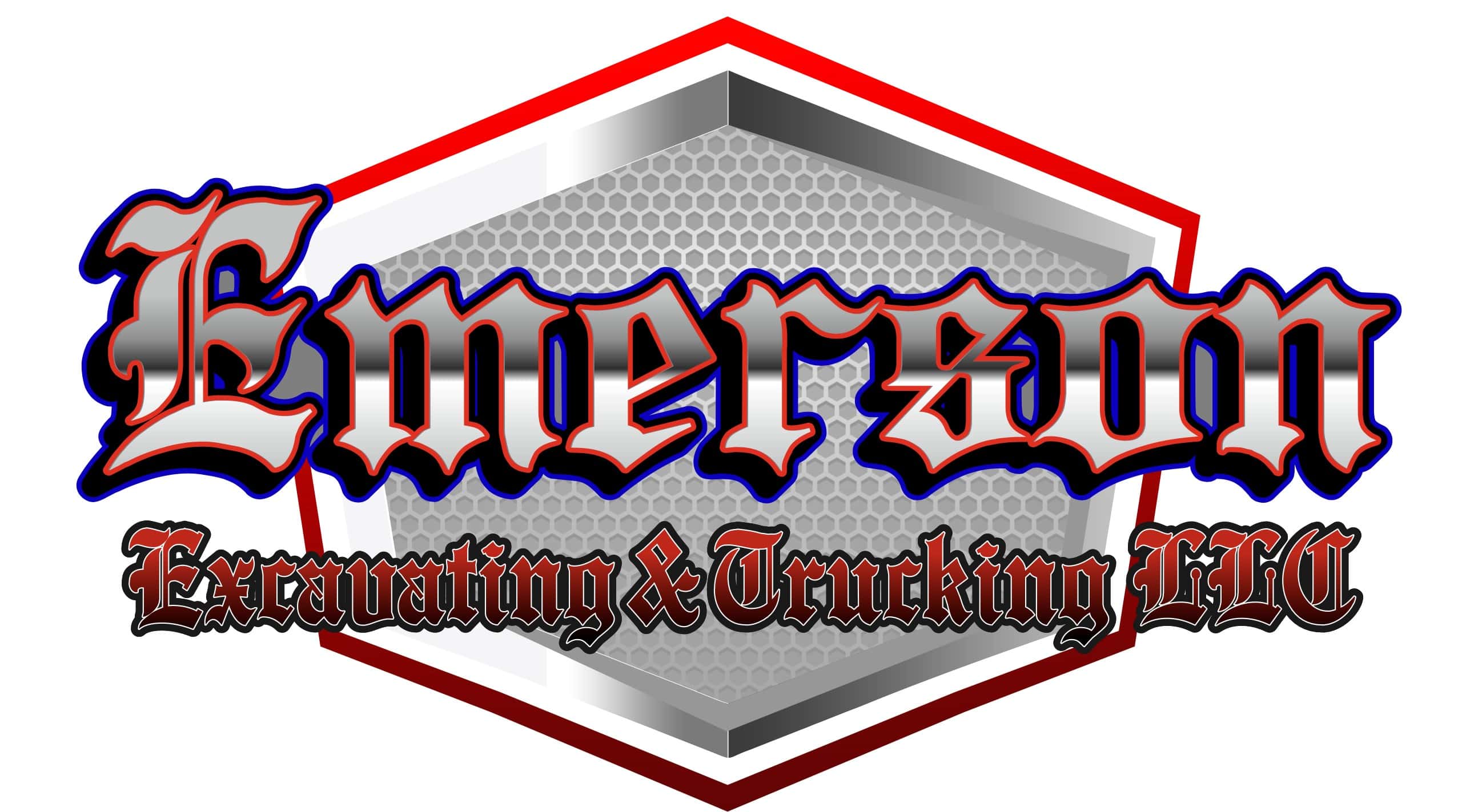 Logo with the text "Emerson Excavating & Trucking LLC" in bold, decorative font over a metallic hexagonal background with red and dark outlines, ideal for excavating contractors Saratoga County, NY.