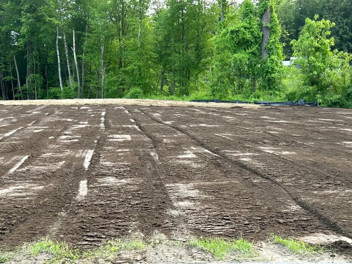 A freshly tilled, flat plot of dark soil—possibly prepared by excavating contractors Saratoga County, NY—is bordered by green grass and dense trees in the background, suggesting preparation for planting or construction.