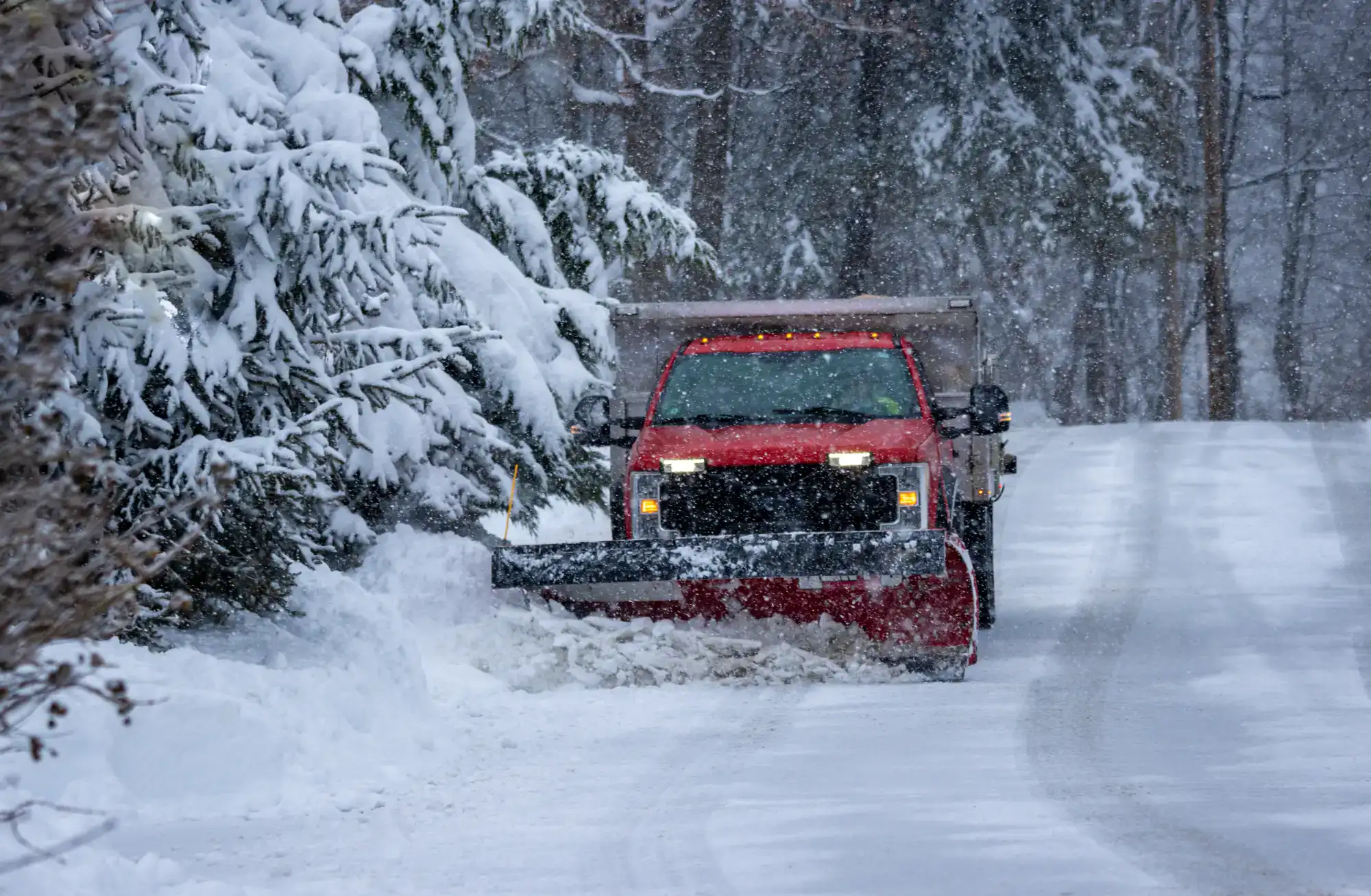 A red snow plow truck clears snow from a forested road during heavy snowfall, with trees on the left covered in snow and the surrounding area blanketed in white.